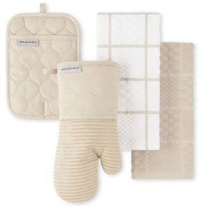 KITCHENAID Quilted Cotton Terry Cloth Oven Mitt, Pot Holder, Kitchen Towel 4-Pack Set, Heat Resistant, Silicone Grip, 16"x26", 7"x13" & 7"x10", Milkshake