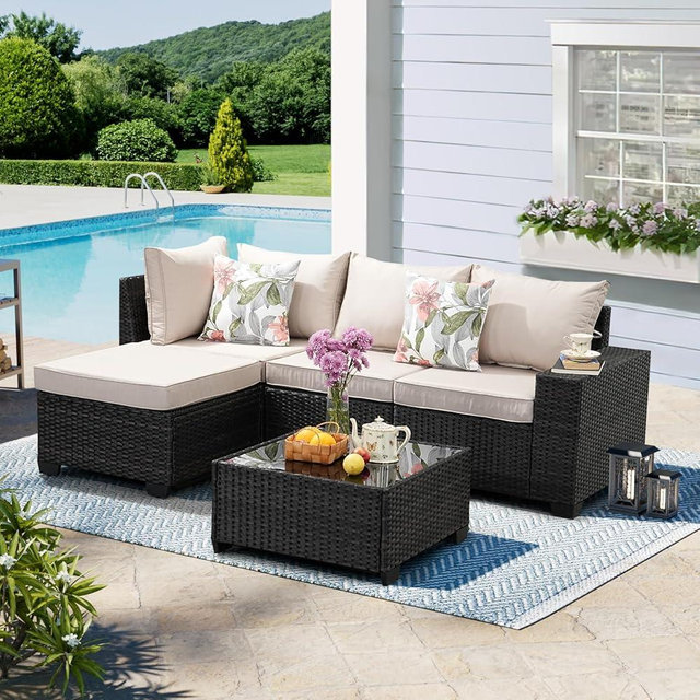 TerraRelax 5 Pieces Patio Furniture Set,Wicker PE Rattan Outdoor Sectional with Cushion & Coffee Table, Patio Conversation Sofa for Garden, Backyard, Poolside, Beige