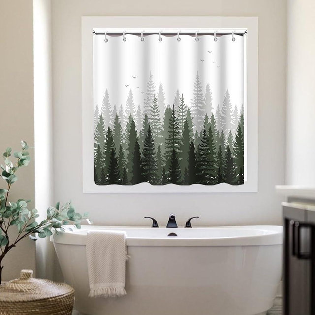 Ruelvth Shower Window Curtain, Green and Gray Forest Small Short Waterproof Bathroom Window Curtain with Hooks, 60x48 Inch