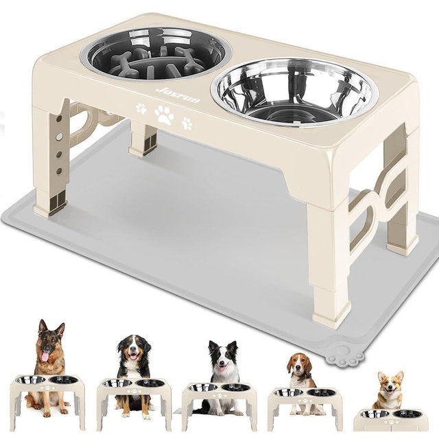 Jovrun Elevated Dog Bowls, Dog Feeder with 1*Stainless Steel Dishes & 1*Slow Feeder Bowl, 5 Heights Adjustable Raised Stand for Medium Large, Food Dishes with Non-Slip Feet