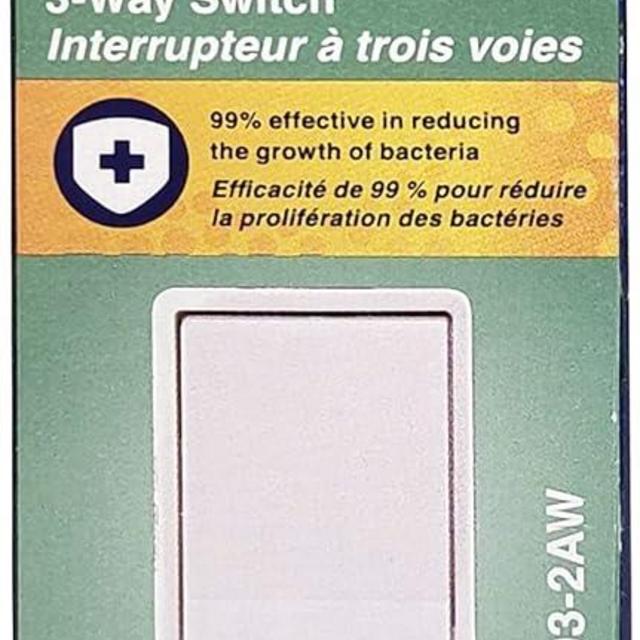 Leviton 5603-2AW Antimicrobial 15Amp 120/277V Decora Rocker 3-Way AC Quiet Switch, White, 1 Count (Pack of 1)