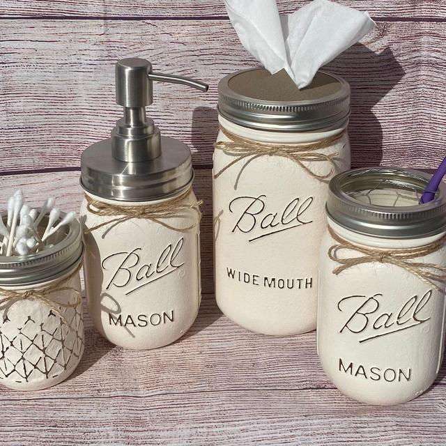Mason Jar bathroom decor/bathroom decor/mason jar decor/soap dispenser/mason jar bathroom set/q-tip holder/farmhouse bathroom/toothbrush jar