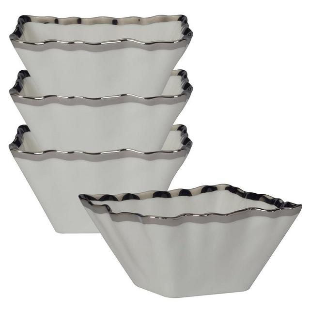 Regency Silver Set of 4 Square Porcelain Snack Bowls with Scalloped Edges & Metallic Silver Rim, 5.5" Elegant Serving Bowls for Snacks, Desserts & Side Dishes, Perfect for Entertaining