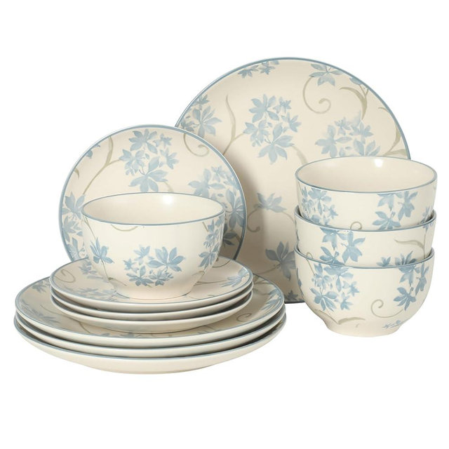 Gibson Home Admiral Hall 12-Piece Matte Stoneware Dinnerware Set – Dinner Plates, Salad Plates & Bowls with Blue Floral Pattern, Durable Everyday Dish Set, Microwave & Dishwasher Safe