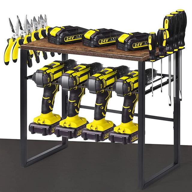 Bench Top Power Tool Organizer with 4 Drill Holders, OUSHENG Garage Organization and Storage, Cordless Tool Utility Rack Battery Charging Station for Workbench, Workshop, Perfect for Father's Day