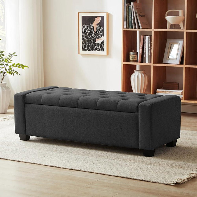 Huatean Home Storage Ottoman Bench with Storage,End of Bed Storage Bench with Safety Hinge, Upholstered Storage Ottoman Bench for Bedroom, Bedroom Storage Bench, Holds up to 330 lb Dark Gray