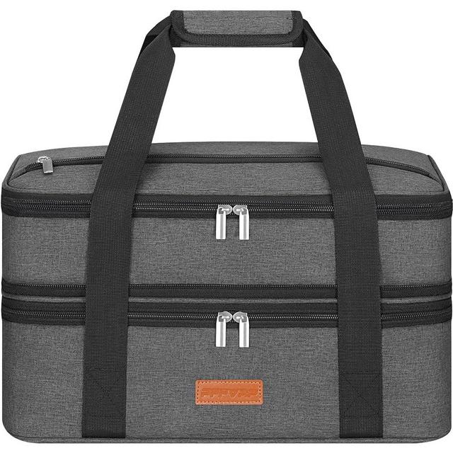 PFFVRP Insulated Double Decker Casserole Carrier for Hot or Cold Food, Expandable Food Carrier for Potluck Parties, Picnic, Cookouts, Fits 11 x 15 or 9 x 13 Lasagna Pan, Baking Dish（Gray）