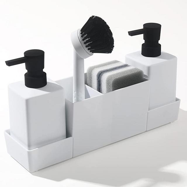 Kitchen Soap Dispenser with Sponge Holder Set for Sink Caddy (Double soap dispensers and 1 Brush) Matte White