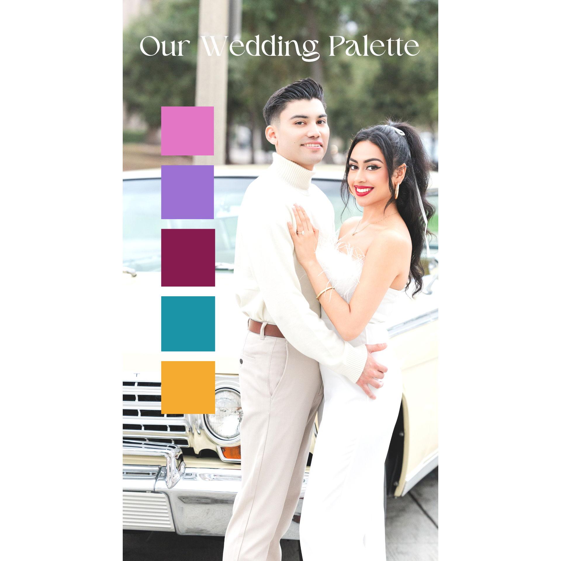 Please see our Sunset Wedding Palette! We invite our female guests to join in wearing one shade on our sunset wedding palette. We suggest men wear black-tie. For questions, please text 562 298 0783!