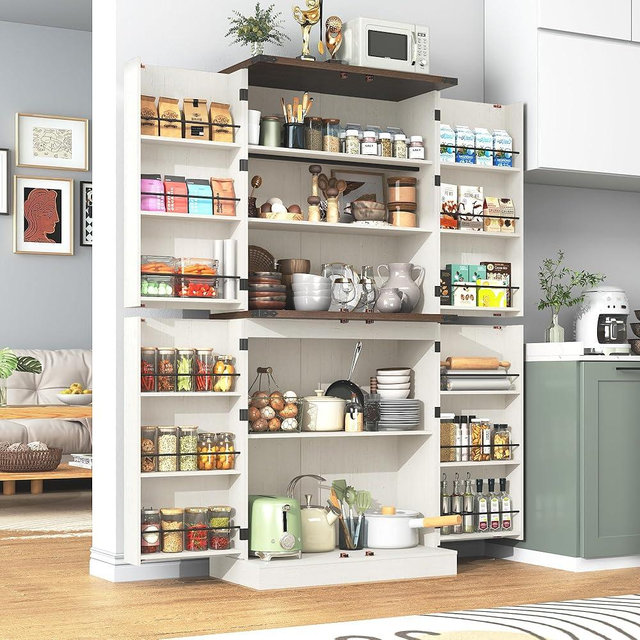 Hlivelood Farmhouse Kitchen Pantry Cabinet, 71" Tall Storage Cabinet with Adjustable Shelves & 4 Barn Doors & Drawer, Rustic Wood Cupboard for Kitchen, Dining Room, Living Room, White