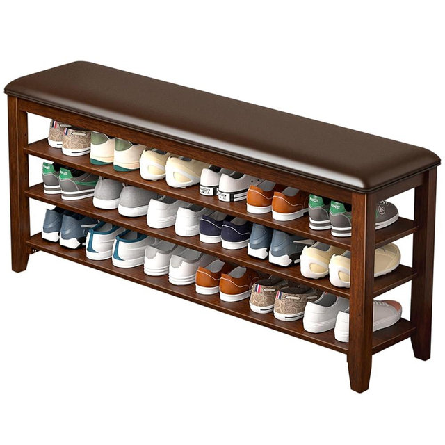 Taitiy Shoe Bench Storage Rubberwood with Leather Cushion for Entryway Bench Ideal for Hallways Shoe Rack Front Doors Entrances Mudrooms Featuring 3 Height-Adjustable and Removable Shelves