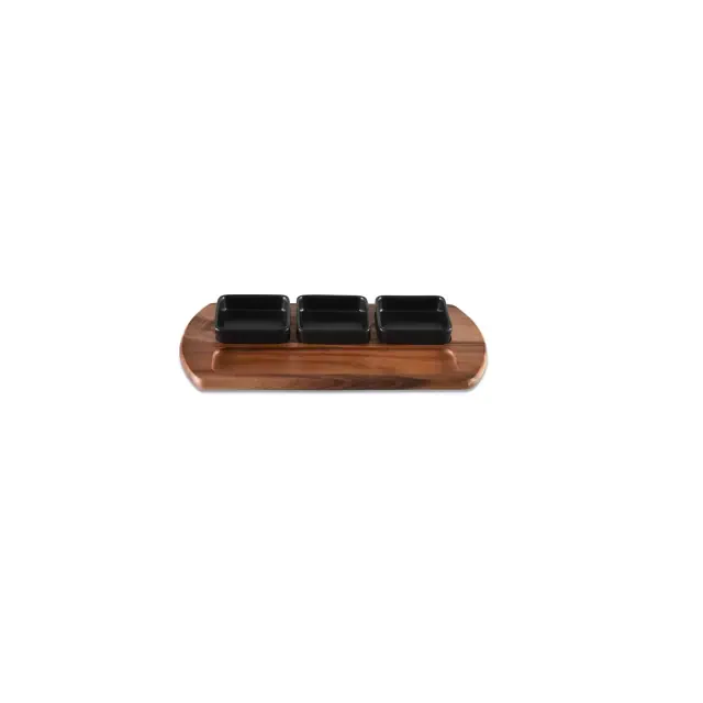Kalmar Home Acacia Wood Charcuterie/ Serving Tray w/ 3 black square ceramic bowls