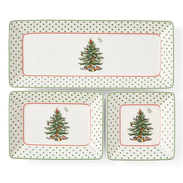Spode Christmas Tree 3-Piece Dessert Trays, Polka Dot - Holiday Dinnerware & Decorative Nesting Trays, Holiday Winter Serving