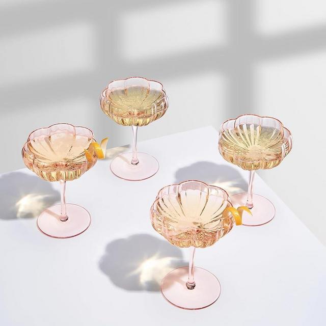 Khen Flower Modern Wavy Glass Coupes Martini, Champagne & Cocktail Coupes - Set of 4-7.7oz Colorful Cocktail Glasses & Prosecco, Mimosa Glassware Copyright Design - Blush Pink
