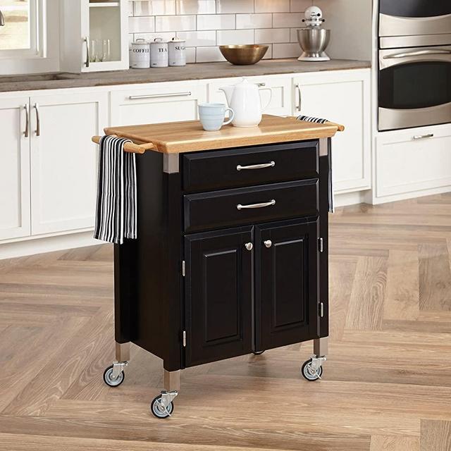 Home Styles Black Dolly Madison Prep and Serve Kitchen Cart with Natural Top, Locking Casters, Two Drawers, Two Storage Cabinets