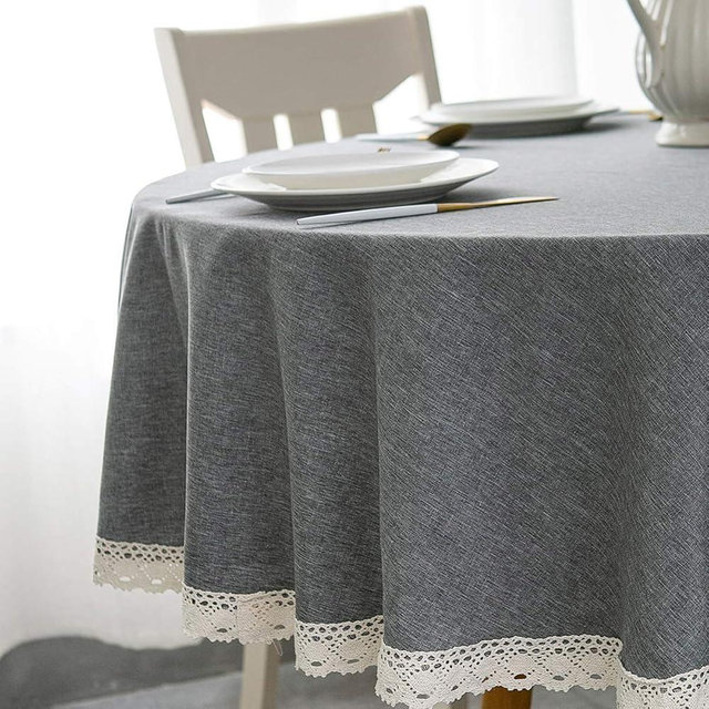 EHouseHome Faux Linen Tablecloth with Lace Trim - Waterproof/Spill Proof/Stain Resistant/Wrinkle Free/Oil Proof - for Banquet, Parties, Dinner,Kitchen,Wedding,Coffee,Holiday,Grey Round 70Inch