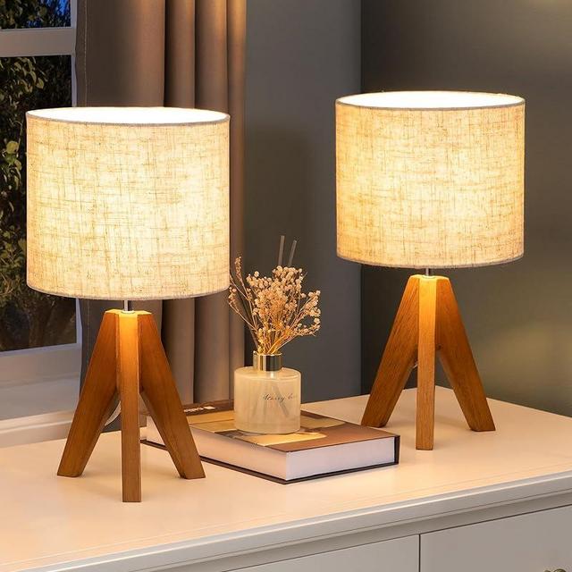 EDISHINE Small Table Lamp, Wooden Tripod Bedside Lamp with Linen Fabric Lampshade, 14.2" Nightstand Lamp for Bedroom, Living Room, Office, 2 Pack