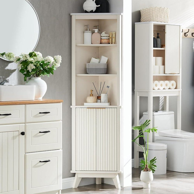 RedLemon 68" Tall Corner Cabinet, Modern Fluted Storage Cabinet with Faux Marble Top & Adjustable Shelves, Curved Profile Design, Space Saver for Bathroom, Living Room, Kitchen, Off White