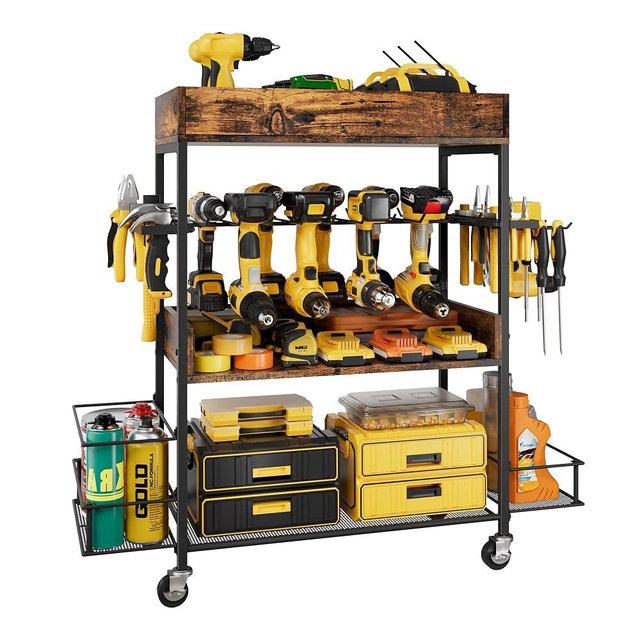 Dunatou Power Tool Organizer Cart Heavy Duty 4 Tier Rolling Tool Cart Garage Storage with Drill Rack Shelf Open Tool Chest Organizer with Wheels Workshop and Garage Ideas for Men or Dad (Rustic Brown)