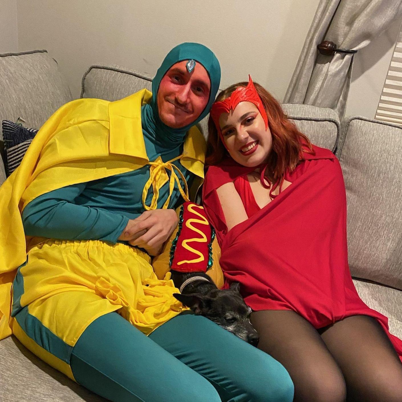 Matthew's love of Marvel comes back to bite him when Liz tells him his Halloween costume will involve red face paint and spandex. Here are the lovebirds dressed as Wanda and Vision from the MCU.