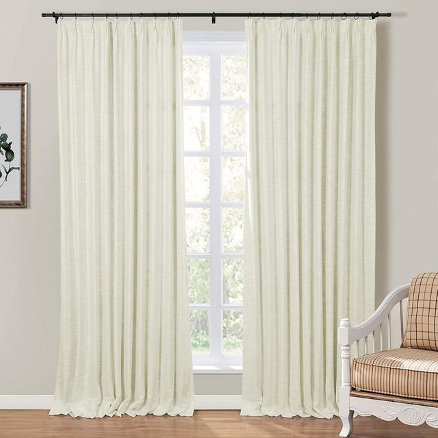 TWOPAGES Ivory Pinch Pleated Curtain 96 Inch Length Linen Blend Lined Light Filtering Curtain for Living Room Bedroom, Linen Textured Window Drape (1 Panel, 26W x 96L)