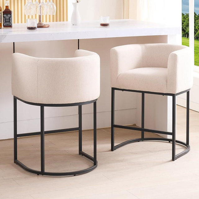 ClinQ 26" H Counter Height Bar Stools Set of 2, Modern Barrel Counter Stools with Backrest and Arms, Black Metal Frames,Fabric Upholstered Accent Barstools for Kitchen Island,Linen Color