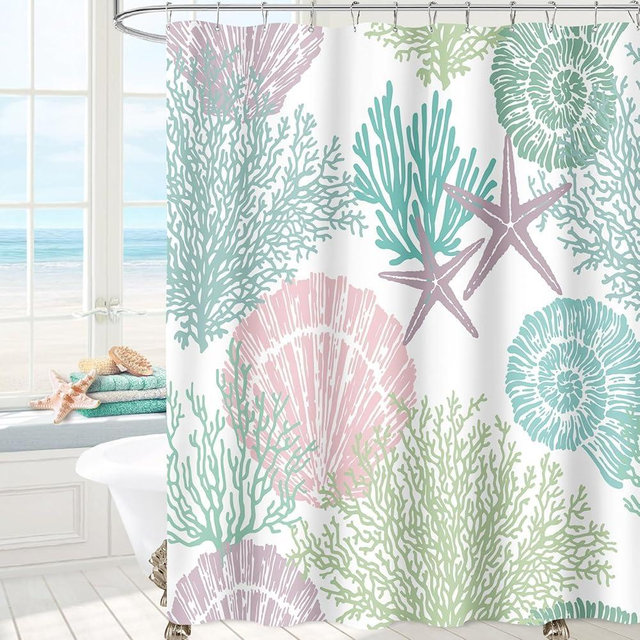 MAYZUS Nautical Coastal Shower Curtain, Pink Green Beach Ocean Theme Shower Curtain for Bathroom Decor, Summer Tropical Seashell Starfish Coral Fabric Shower Curtain Set with Hooks, 72x72