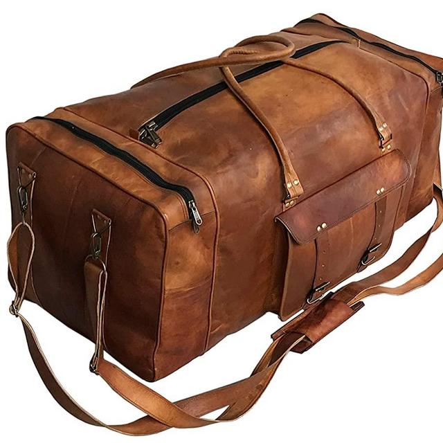 Large Leather 32 Inch Luggage Duffel Weekender Travel Overnight Carry One Duffel Bag For Men (BROWN)