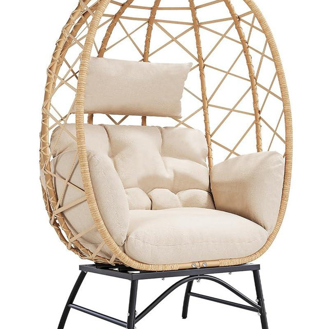 SWITTE Wicker Egg Chair Outdoor, Oversized Patio Lounge Chairs with Cushion for Indoor Living Room, Bedroom, Outside Backyard Balcony-Beige