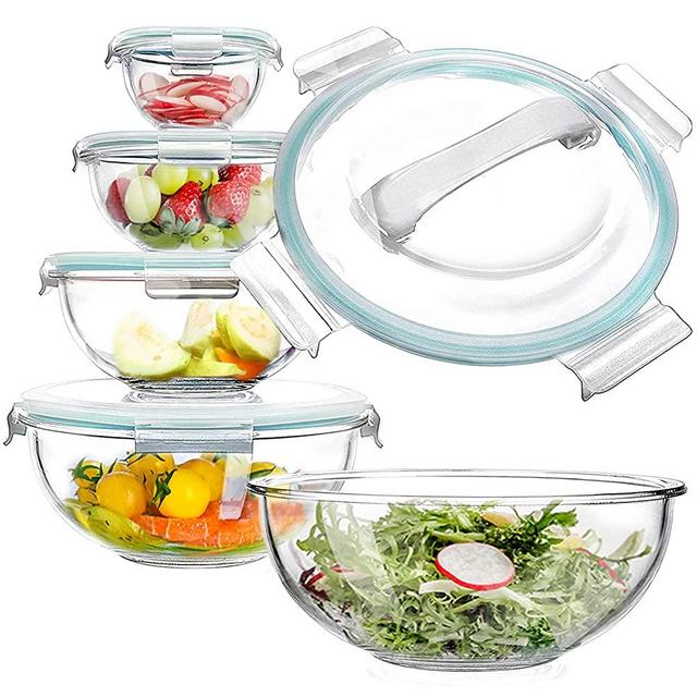 WhiteRhino Glass Mixing Bowl with Lids Set of 5, 0.2, 0.5, 1.1, 2.1, 3.75 QT, Large Salad Bowls with BPA-Free Lids, Space-Saving Nesting Bowls for Kitchen Food Storage, Glass bowl for Cooking, Baking