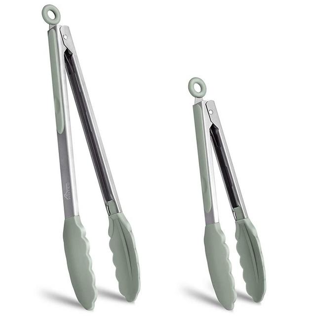 Hotec Premium Stainless Steel Locking Kitchen Tongs with Silicon Tips, Set of 2-9" and 12" Mint Green
