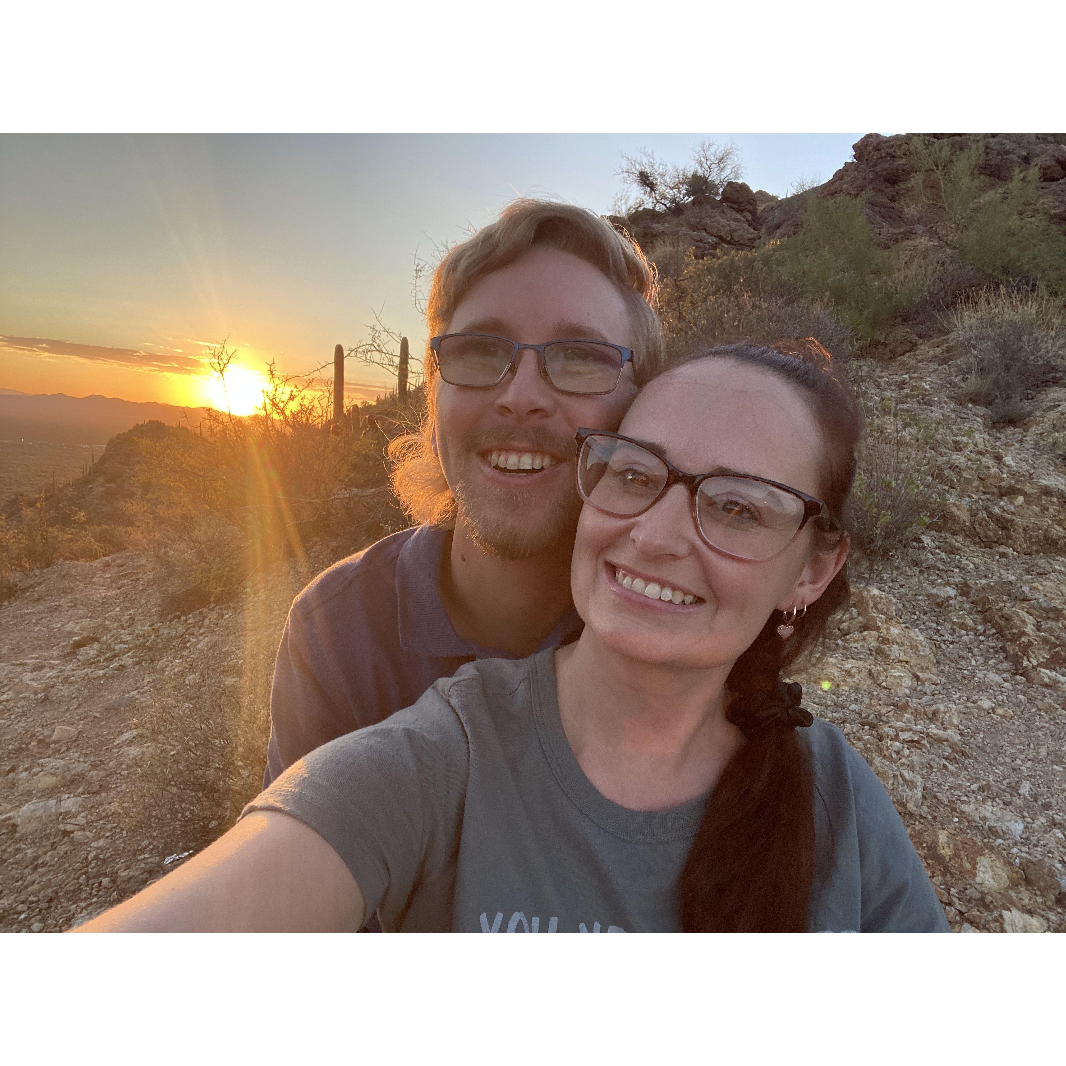 Taking a selfie at sunset...just moments before he proposes!