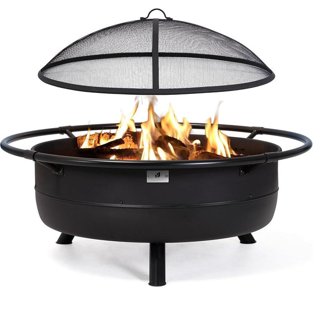 SUNCREAT 42" Outdoor Portable Fire Pit with Spark Screen, Fire Poker, Wood Burning Patio Fire Pits with Protective Ring, Black