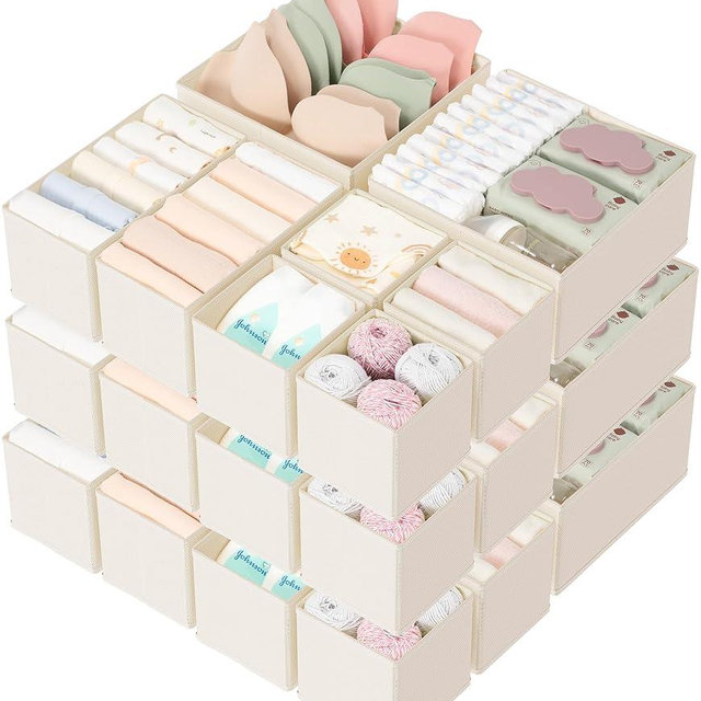 Criusia Drawer Organizer 18-Piece Set, Dresser Organizer for Baby Clothes, Foldable Closet Storage & Drawer Dividers for Underwear, Socks, Nursery (Beige)