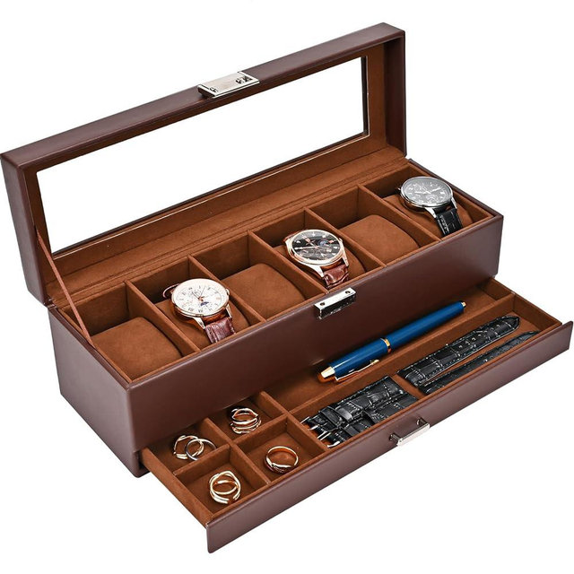 ProCase Watch Box Organizer for Men, 6 Slot Watch Display Case with Drawer, Mens Watch Box Watch Case Holder, 6 Watch Box Double-layer Jewelry and Watch Storage Case with Glass Lid -Espresso