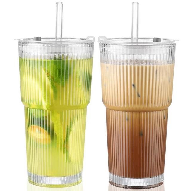 CWHHRN 20 oz Ribbed Glass Cups with Lid and Straw 2 Set, Glass Tumbler with Straw and Lid, Vintage Glassware for Whiskey Cocktail Beer, Iced Coffee Cups with Lid (2 PACK)