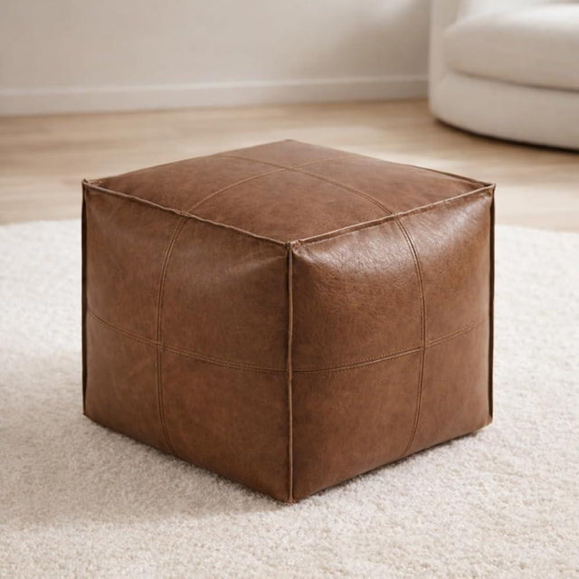 Smart Storage Solution - DIY Fillable Storage Ottoman Pouf, Stuff with Clothes or Blankets to Create Seat, Footstool or Side Table, Faux Leather Cover (No Filling), Space-Saving, 17.7″×17.7″×15.7″