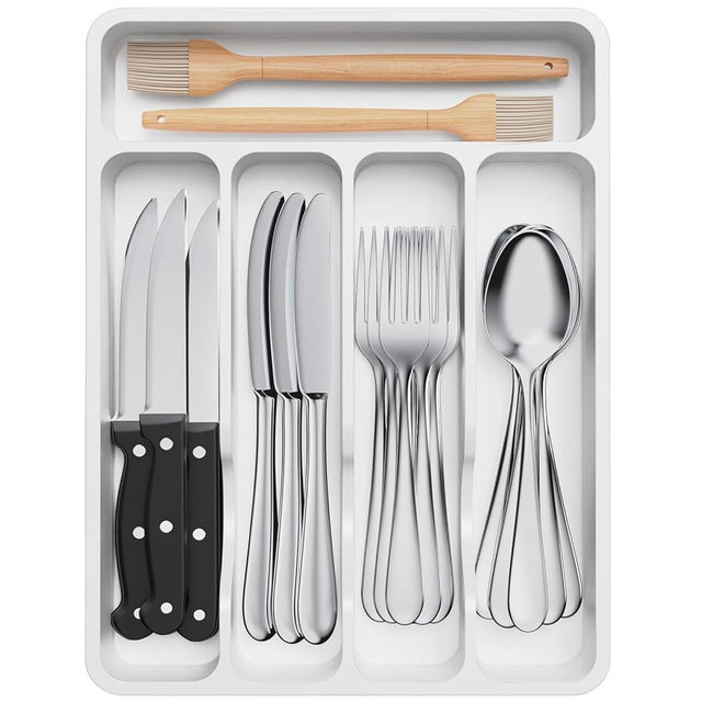 Lifewit Silverware Drawer Organizer Tray, Plastic Cutlery Storage for Kitchen Drawer, Flatware and Utensil Holder Divider for Spoons Forks Knives Tableware, 5 Compartment, White