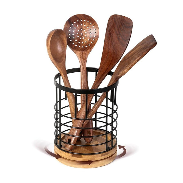 JSVER Utensil Holder for Kitchen Round Utensils Holder with Wooden Base Matte Black Cooking Utensil Holder, 360° Rotating Kitchen Countertop Utensil Organizer