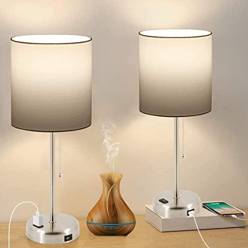 Set of 2 Bedside Table Lamp with USB Charging Port and AC Outlet, 3 Color Temperatures Pull Chain Lamp with White Shade, Nightstand Desk Lamp for Bedroom Living Room Office, Dual Blubs Included.