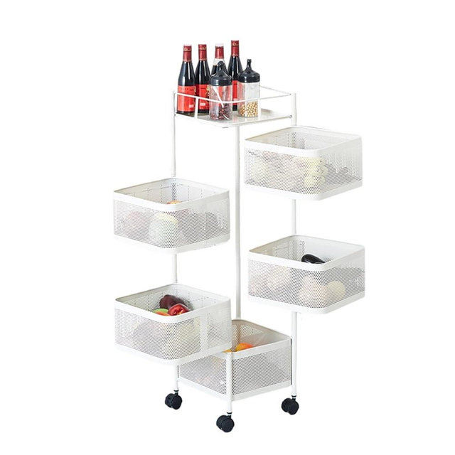 5 Tier Rotating Rolling Storage Cart with Top Lid & 360° Wheels, Metal Mesh Rolling Cart Organizer for Fruits Vegetables Groceries Potato Onion Corns, Kitchen Storage Cart No Assembly, Black
