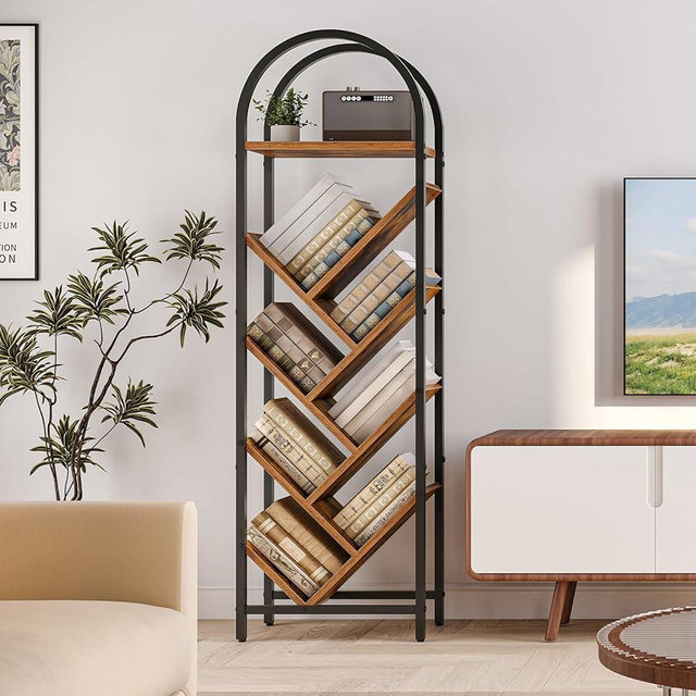 HOOBRO Tree Bookshelf, 8-Tier Tall Bookshelf, Arched Bookshelf with Metal Frame, Book Shelf Storage Organizer for Home Office, Living Room, Bedroom, Space Saving, Rustic Brown and Black BF07SJ01