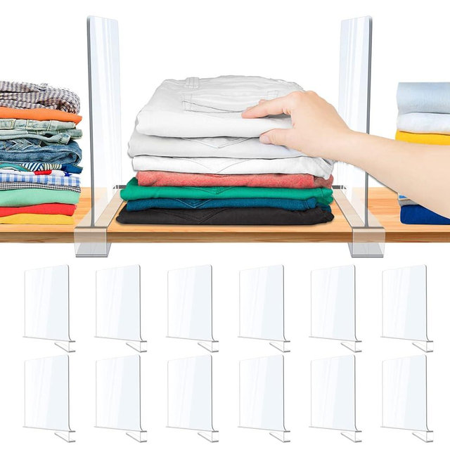 12 Pack Acrylic Shelf Dividers, Clear Shelf Divider for Closet Organization, Closet Shelf Separators for Clothes/Purses, Wood Shelves Organizers in Bedroom, Kitchen, Office, Cabinets, Bathroom Storage
