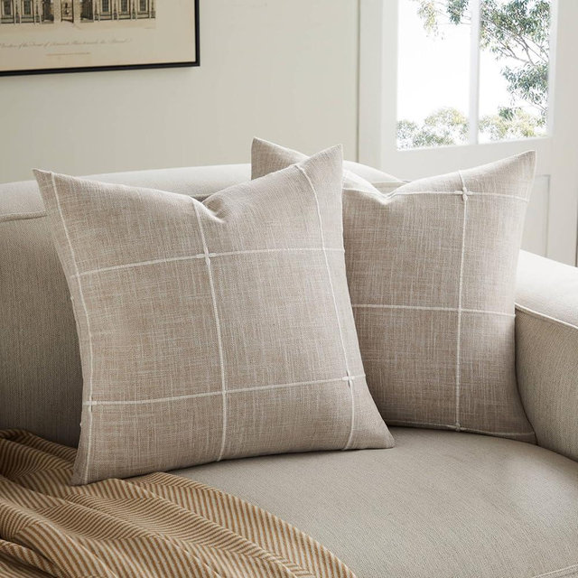 YZJZEDS 2 Packs Grid Embroidery Throw Pillow Covers, 16x16 Inch Taupe, Farmhouse Linen Decorative Light Brown Cushion Covers for Sofa Bed Living Room Home Decor