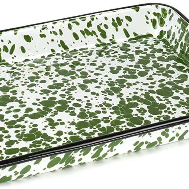 Red Co. 11" x 9" Enamelware Metal Classic 2 Quart Rectangular Serving Tray, Dark Green Marble/Black Rim - Splatter Design