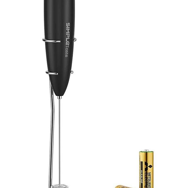 SIMPLETASTE Milk Frother Handheld Battery Operated Electric Foam Maker, Drink Mixer with Stainless Steel Whisk and Stand for Cappuccino, Bulletproof Coffee, Latte, Silver/Black