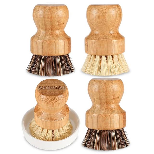 SUPERWASH PLUS Bamboo Scrub Brush Clean Pan, Dish and Vegetable, Natural Bristles Palm Pot Brush 4 Pack Round Mini Dish Brush with Ceramic Holder for Kitchen Sink Cleaning