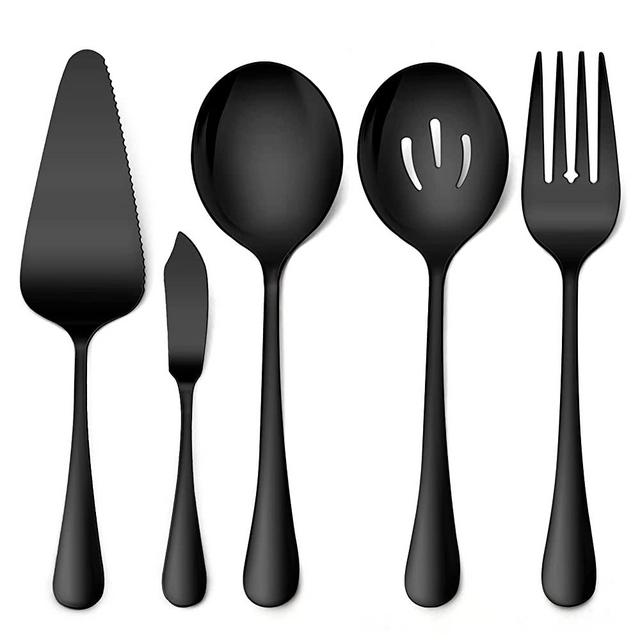 LIANYU 5-Piece Black Serving Utensils Set, Stainless Steel Serving Set Include Serving Spoon Fork, Flatware Serving Pieces for Buffet Catering, Mirror Finish, Dishwasher Safe
