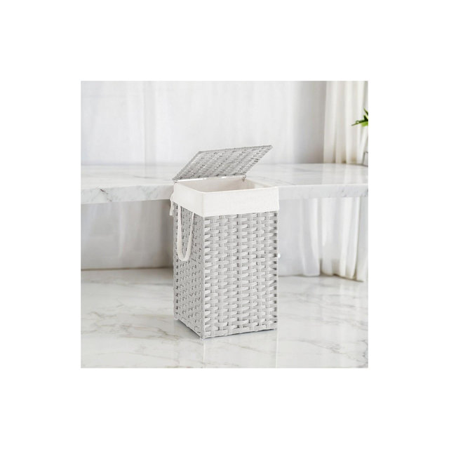 Laundry Hamper with Lid 17.2 Gallon Rattan Clothes Laundry Basket with Lid and Handles Foldable Removable Liner for Laundry Room White