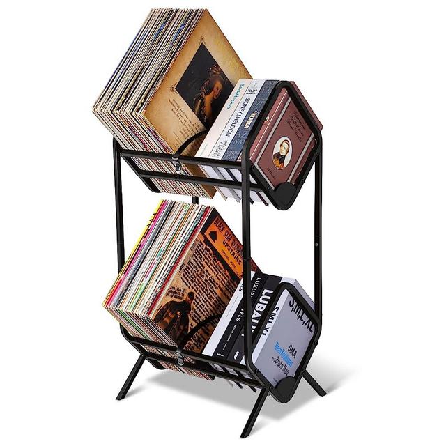 PIGTAB 2-Tier Record Storage Rack, Vinyl Record Holder for Storing 160-205 Records, Curved Black Metal Record Shelf with Dividers for Organizing Albums, Books, Magazines, and Office Files